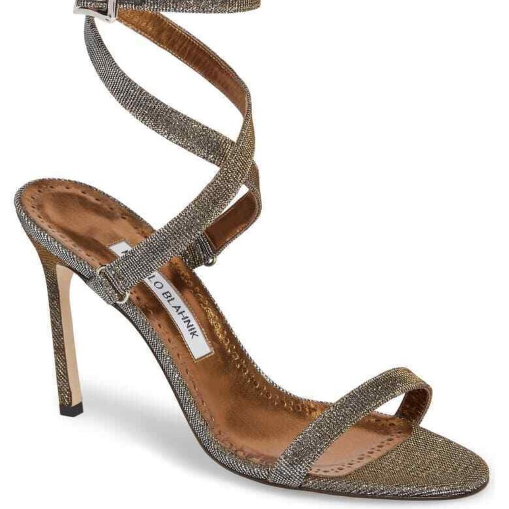 Manolo Blahnik Newfi Ankle Strap Heels Leather Textile NEW Size 39 (8.5) $775